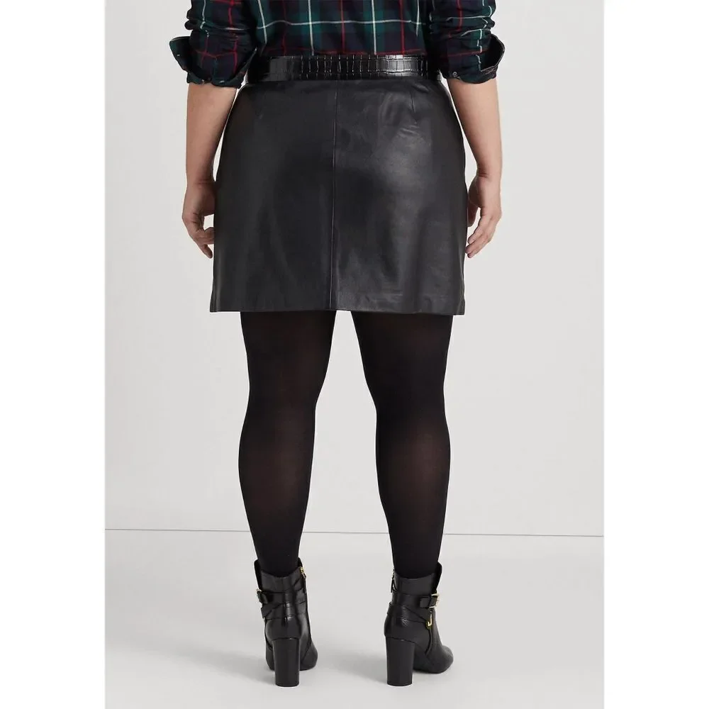New! RALPH LAUREN Plus Size Lamb Leather Pencil Mini Skirt Black 14W Miniskirt